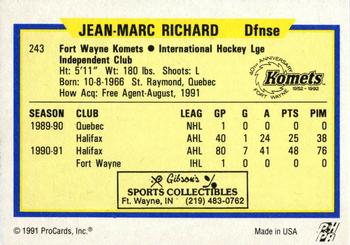 1991-92 ProCards AHL/IHL/CoHL #243 Jean-Marc Richard Back