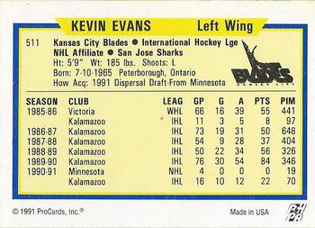 1991-92 ProCards AHL/IHL/CoHL #511 Kevin Evans Back