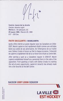 2007-08 Montreal Canadiens Postcards #NNO Maxim Lapierre Back
