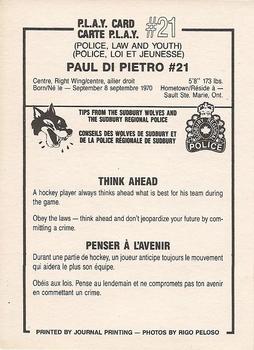1986-87 Sudbury Wolves (OHL) Police #21 Paul Dipietro Back