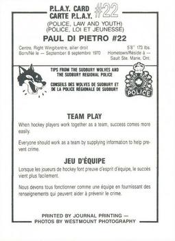 1987-88 Sudbury Wolves (OHL) Police #22 Paul DiPietro Back