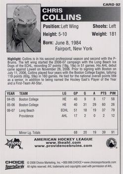 2007-08 Choice Providence Bruins (AHL) #2 Chris Collins Back