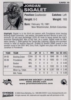 2007-08 Choice Providence Bruins (AHL) #19 Jordan Sigalet Back