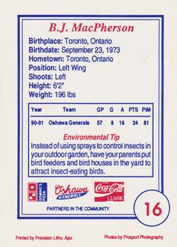 1991-92 Domino's/Coca-Cola Oshawa Generals (OHL) #16 B.J. MacPherson Back