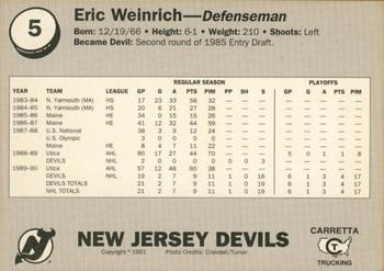 1990-91 Carretta New Jersey Devils #30 Eric Weinrich Back