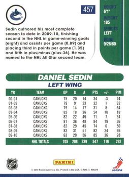 2010-11 Score - Glossy #457 Daniel Sedin  Back
