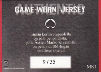 2007-08 Cardset Finland - Game Worn Jersey - Series 2 #MK1 Marko Kivenmäki Back