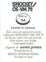 1972 Semic Ishockey OS-VM (Swedish) Stickers #64 Kenneth Ekman Back