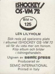 1972 Semic Ishockey OS-VM (Swedish) Stickers #125 Len Lilyholm Back