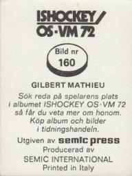 1972 Semic Ishockey OS-VM (Swedish) Stickers #160 Gilbert Mathieu Back