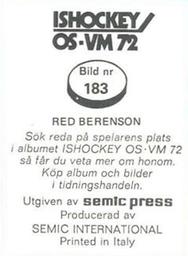 1972 Semic Ishockey OS-VM (Swedish) Stickers #183 Red Berenson Back