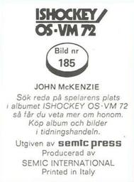1972 Semic Ishockey OS-VM (Swedish) Stickers #185 John McKenzie Back