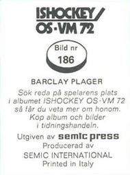 1972 Semic Ishockey OS-VM (Swedish) Stickers #186 Barclay Plager Back