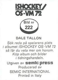 1972 Semic Ishockey OS-VM (Swedish) Stickers #222 Dale Tallon Back