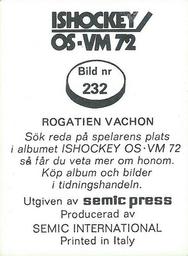 1972 Semic Ishockey OS-VM (Swedish) Stickers #232 Rogatien Vachon Back