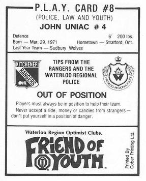 1988-89 Kitchener Rangers (OHL) Police #8 John Uniac Back