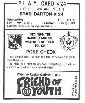 1988-89 Kitchener Rangers (OHL) Police #24 Brad Barton Back