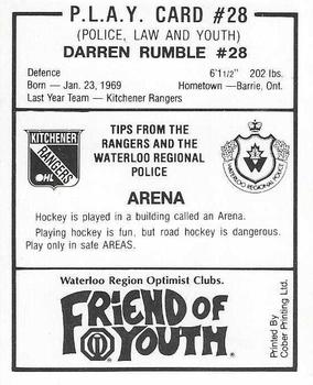 1988-89 Kitchener Rangers (OHL) Police #28 Darren Rumble Back