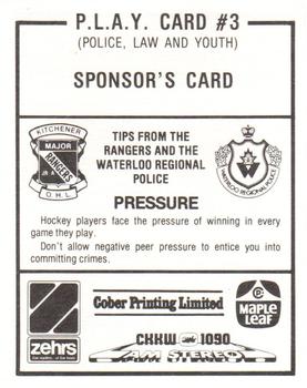 1985-86 Kitchener Rangers (OHL) Police #3 Sponsor Card Back