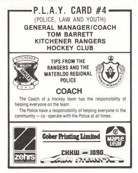 1985-86 Kitchener Rangers (OHL) Police #4 Tom Barrett Back