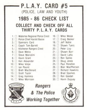 1985-86 Kitchener Rangers (OHL) Police #5 Checklist Back