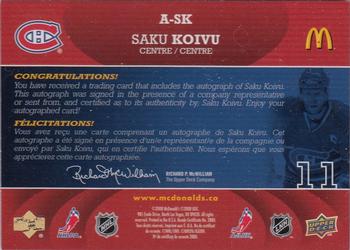 2008-09 Upper Deck McDonald's - Autographs #A-SK Saku Koivu  Back