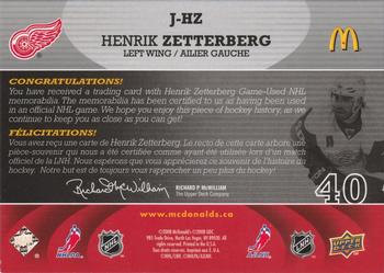 2008-09 Upper Deck McDonald's - Jerseys #J-HZ Henrik Zetterberg  Back