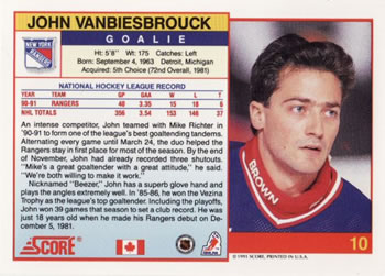 1991-92 Score Canadian English #10 John Vanbiesbrouck Back