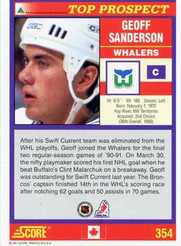 1991-92 Score Canadian English #354 Geoff Sanderson Back
