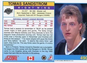 1991-92 Score Canadian English #490 Tomas Sandstrom Back
