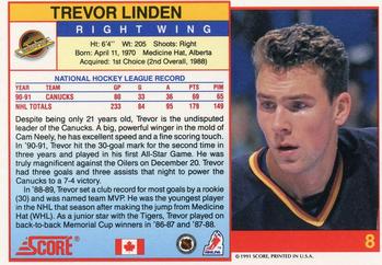 1991-92 Score Canadian English #8 Trevor Linden Back