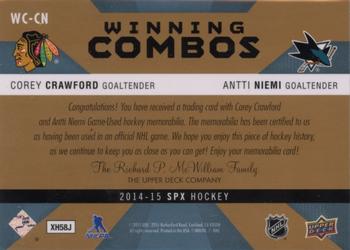 2014-15 SPx - Winning Combos Gold Patches #WC-CN Corey Crawford / Antti Niemi Back