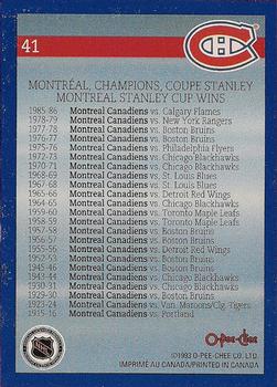 1992-93 O-Pee-Chee Montreal Canadiens Hockey Fest #41 Stanley Cup Champions Back