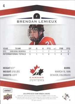 2014 Upper Deck Team Canada Juniors #4 Brendan Lemieux Back
