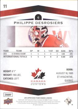2014 Upper Deck Team Canada Juniors #11 Philippe Desrosiers Back