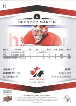 2014 Upper Deck Team Canada Juniors #16 Spencer Martin Back