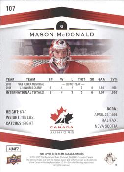 2014 Upper Deck Team Canada Juniors #107 Mason McDonald Back