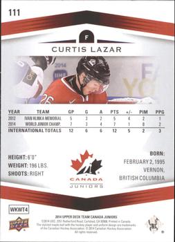 2014 Upper Deck Team Canada Juniors #111 Curtis Lazar Back