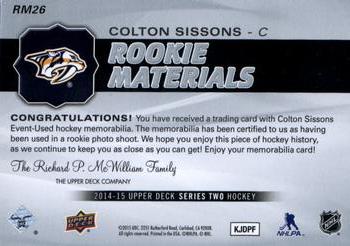 2014-15 Upper Deck - Rookie Materials #RM26 Colton Sissons Back