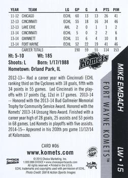 2014-15 Choice Fort Wayne Komets (ECHL) #6 Mike Embach Back