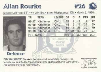 2000-01 St. John's Maple Leafs (AHL) #NNO Allan Rourke Back