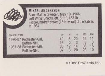 1988-89 ProCards Rochester Americans (AHL) #NNO Mikael Andersson Back