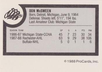 1988-89 ProCards Rochester Americans (AHL) #NNO Don McSween Back