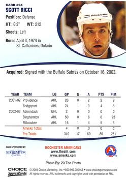 2003-04 Choice Rochester Americans (AHL) #24 Scott Ricci Back