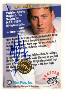 1991 Star Pics - Autographed #5 Martin Lapointe Back