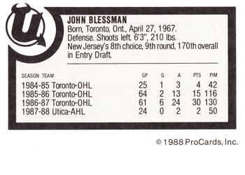 1988-89 ProCards Utica Devils (AHL) #NNO John Blessman Back