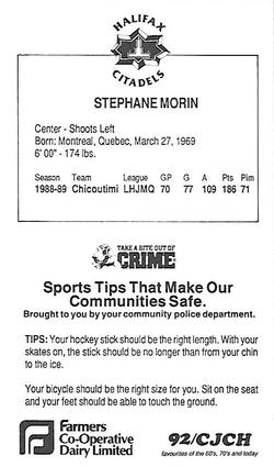 1989-90 Halifax Citadels (AHL) Police #NNO Stephane Morin Back