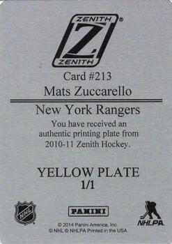 2010-11 Panini Zenith - Donruss Elite RC Printing Plate Yellow #213 Mats Zuccarello Back