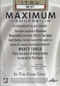 2015 Leaf In The Game Used - Maximum Memorabilia Silver Foil #MM-MT1 Marty Turco Back