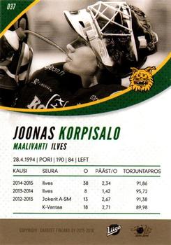 2015-16 Cardset Finland #037 Joonas Korpisalo Back